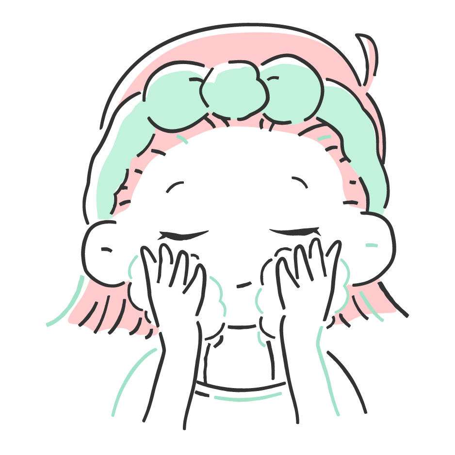 おでこや鼻、ほほなどに泡をのせ、肌を包み込むように優しく洗う。