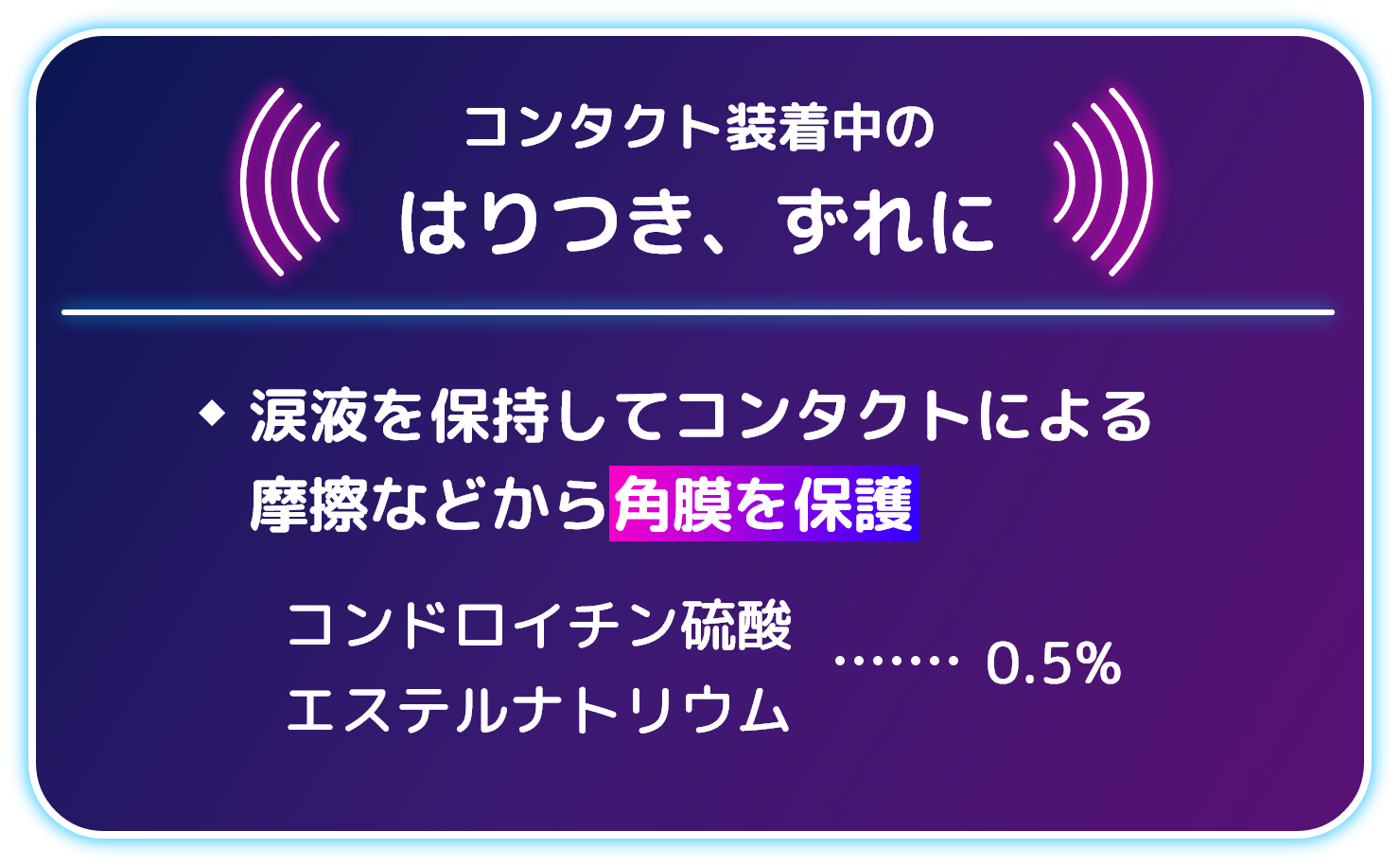コンタクト装着中のはりつき、ずれに 涙液を保持してコンタクトによる摩擦などから角膜を保護 コンドロイチン硫酸エステルナトリウム 0.5%