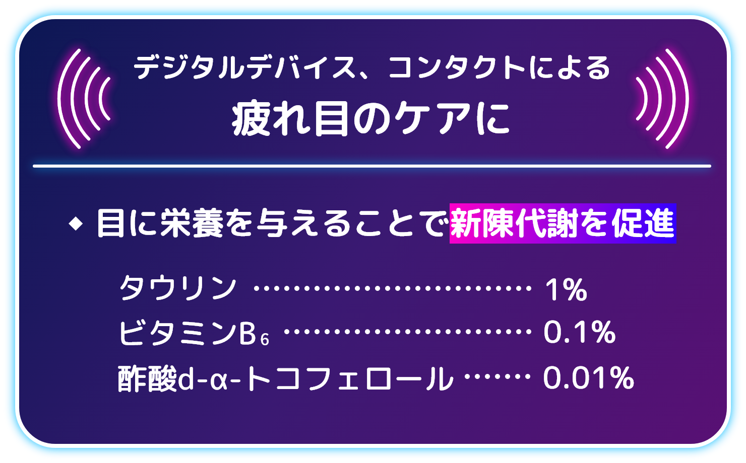 デジタルデバイス、コンタクトによる疲れ目のケアに 目に栄養を与えることで新陳代謝を促進 タウリン 1% ビタミンB6 0.1% 酢酸d-α-トコフェロール 0.01%