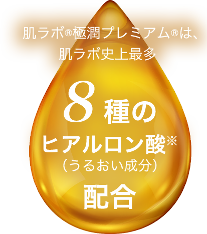 肌ラボ&reg;極潤プレミアム&reg;は、肌ラボ史上最多８種のヒアルロン酸※（うるおい成分）配合