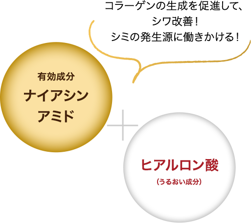 有効成分ナイアシンアミド(コラーゲン生成を促進して、シワ改善！シミの発生源に働きかける！)＋ヒアルロン酸（うるおい成分）