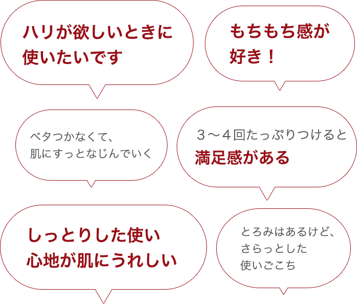 ・ハリが欲しいときに使いたいです・ベタつかなくて、肌にすっとなじんでいく・もちもち感が好き！・とろみはあるけど、さらっとした使いごこち・しっとりした使い心地が肌にうれしい・３～４回たっぷりつけると、満足感がある
