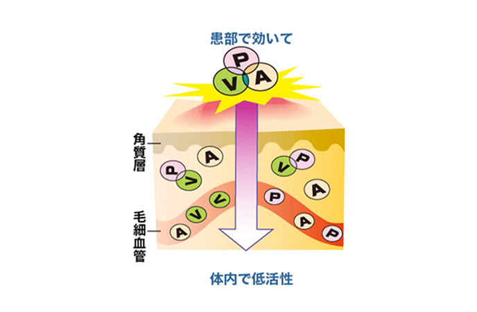 アンテドラッグステロイドは、患部でよく効き体内で分解する、治療効果と安全性の両立を目的として開発された抗炎症成分です