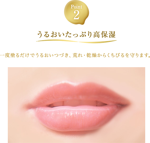 Point2【うるおいたっぷり高保湿】一度塗るだけでうるおいつづき、荒れ・乾燥からくちびるを守ります。