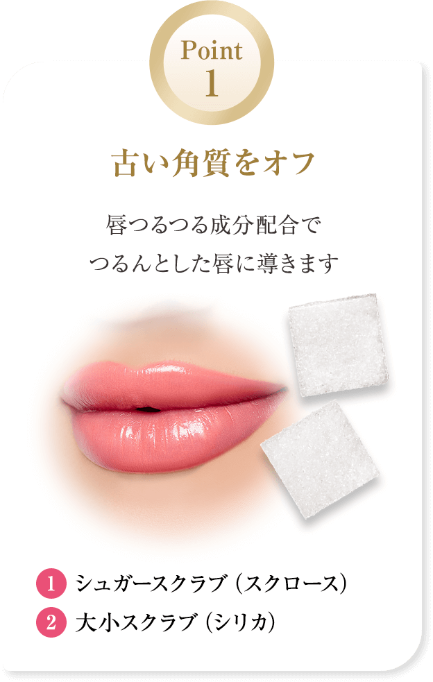 Point 1 古い角質をオフ 唇つるつる成分配合でつるんとした唇に導きます ①シュガースクラブ（スクロース） ②大小スクラブ（シリカ）