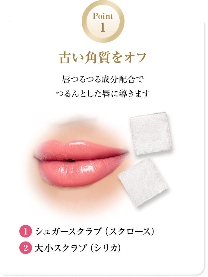 Point 1 古い角質をオフ 唇つるつる成分配合でつるんとした唇に導きます ①シュガースクラブ（スクロース） ②大小スクラブ（シリカ）