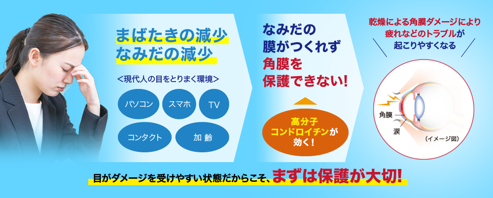 まばたきの減少 なみだの減少＜現代人の目をとりまく環境＞ パソコンスマホ TV コンタクト 加齢 高分子コンドロイチンが効く! なみだの膜がつくれず角膜を保護できない!乾燥による角膜ダメージにより疲れなどのトラブルが起こりやすくなる目がダメージを受けやすい状態だからこそ、まずは保護が大切!