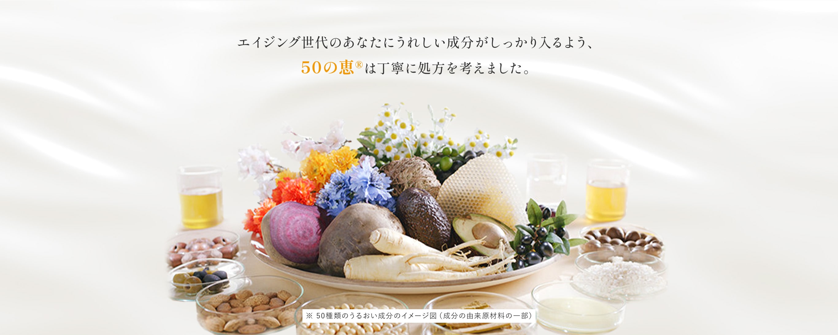 それぞれの悩みを考え抜いた成分を50種類 配合しています。エイジング世代のあなたにうれしい成分がしっかり入るよう、50の恵®は丁寧に処方を考えました。