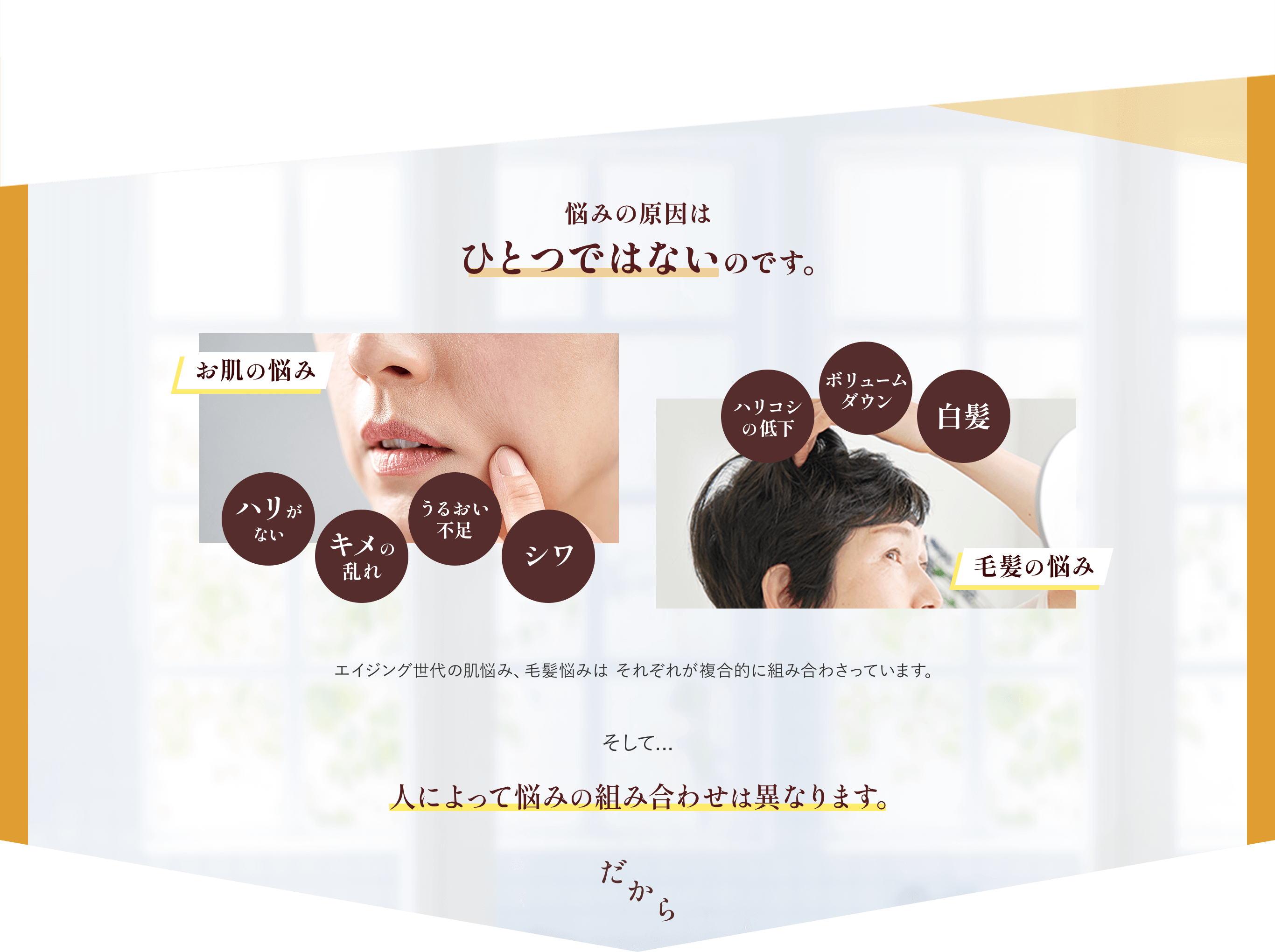 悩みの原因はひとつではないのです。エイジング世代の肌悩みは、ハリのなさ、キメの乱れ、うるおい不足、ごわつきなど、それらが複合的に組み合わさっています。