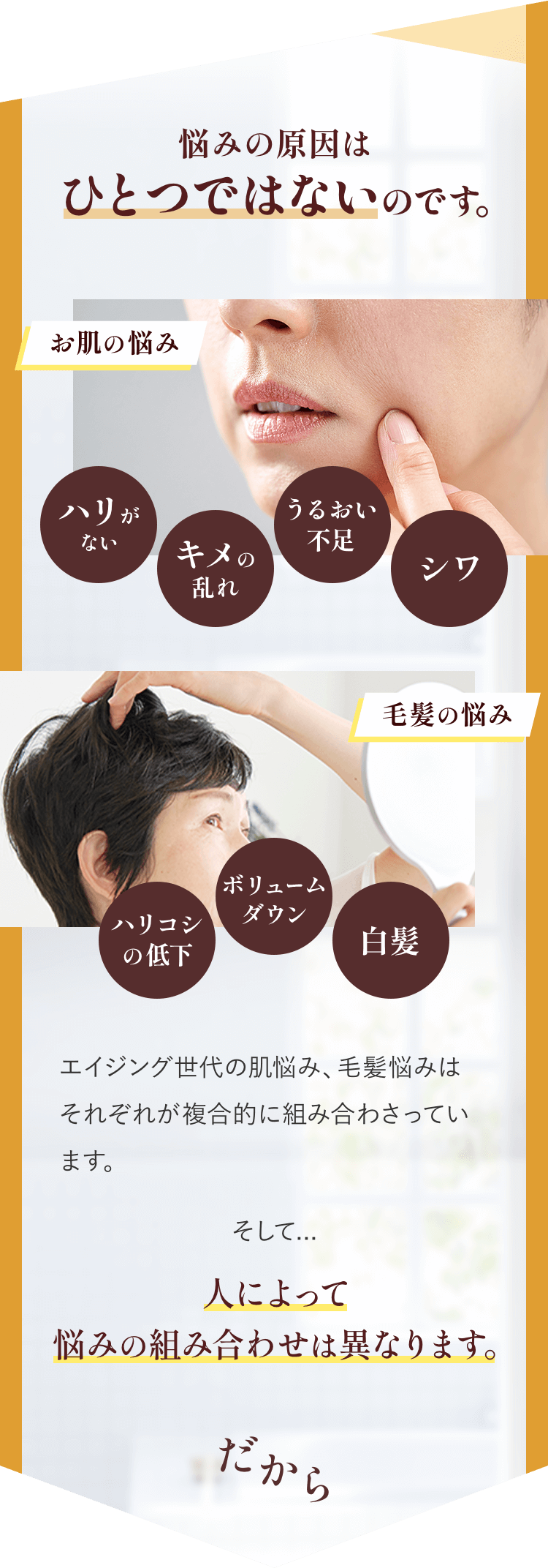 悩みの原因はひとつではないのです。エイジング世代の肌悩みは、ハリのなさ、キメの乱れ、うるおい不足、ごわつきなど、それらが複合的に組み合わさっています。