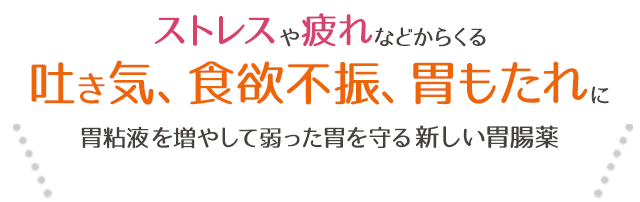 ストレスや疲れなどからくる、吐き気、食欲不振、胃もたれに、胃粘液を増やして弱った胃を守る新しい胃腸薬
