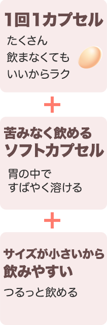 ・「1回1カプセル」たくさん飲まなくてもいいからラク ・「苦みなく飲めるソフトカプセル」胃の中ですばやく溶ける ・「サイズが小さいから飲みやすい」つるっと飲める